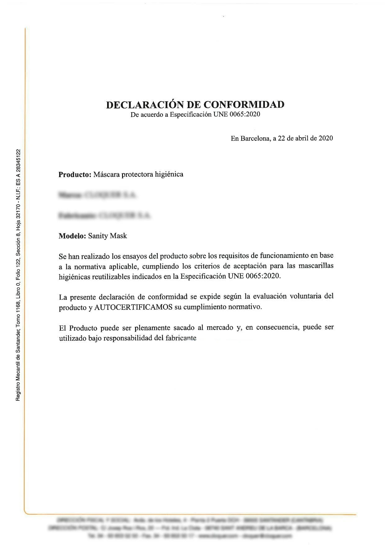 Declaration of conformity of R40 masks for children