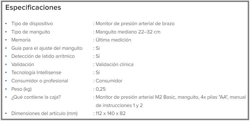 Omron M2 Basic Blood Pressure Monitor Technical Data Sheet